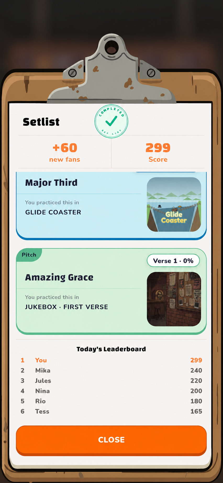 A finished day: score, new fans, and a leaderboard position