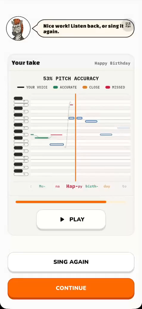 A take with every note judged: hit, close, or missed